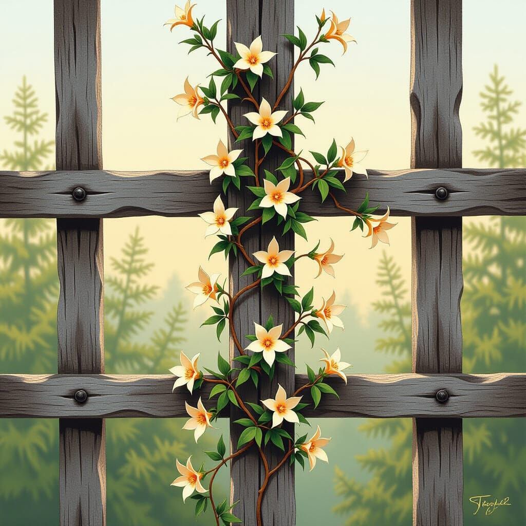 Cypress Vine on Trellis: Whimsical Digital Art