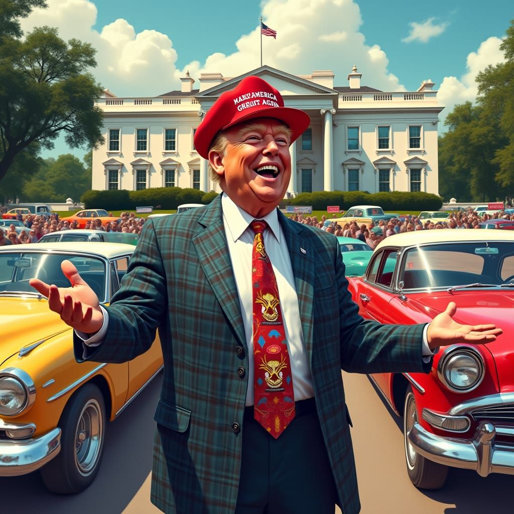 Trump's Used Car Lot in Whimsical White House Setting