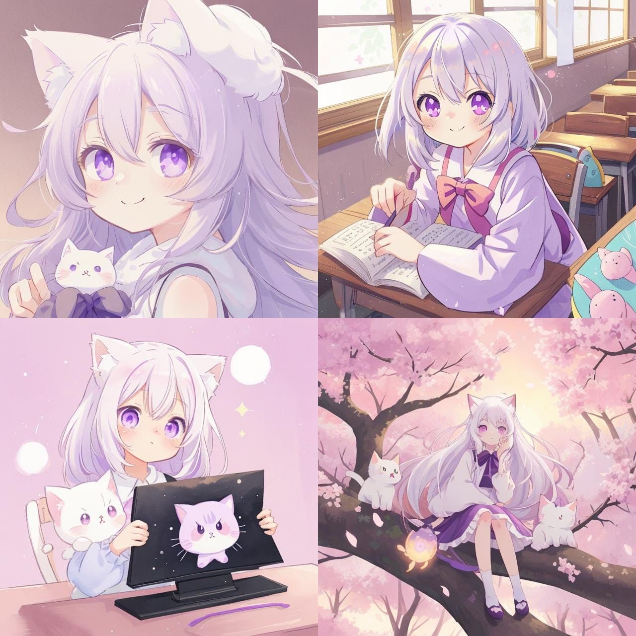 Anime Cat Girl with White Hair and Purple Eyes