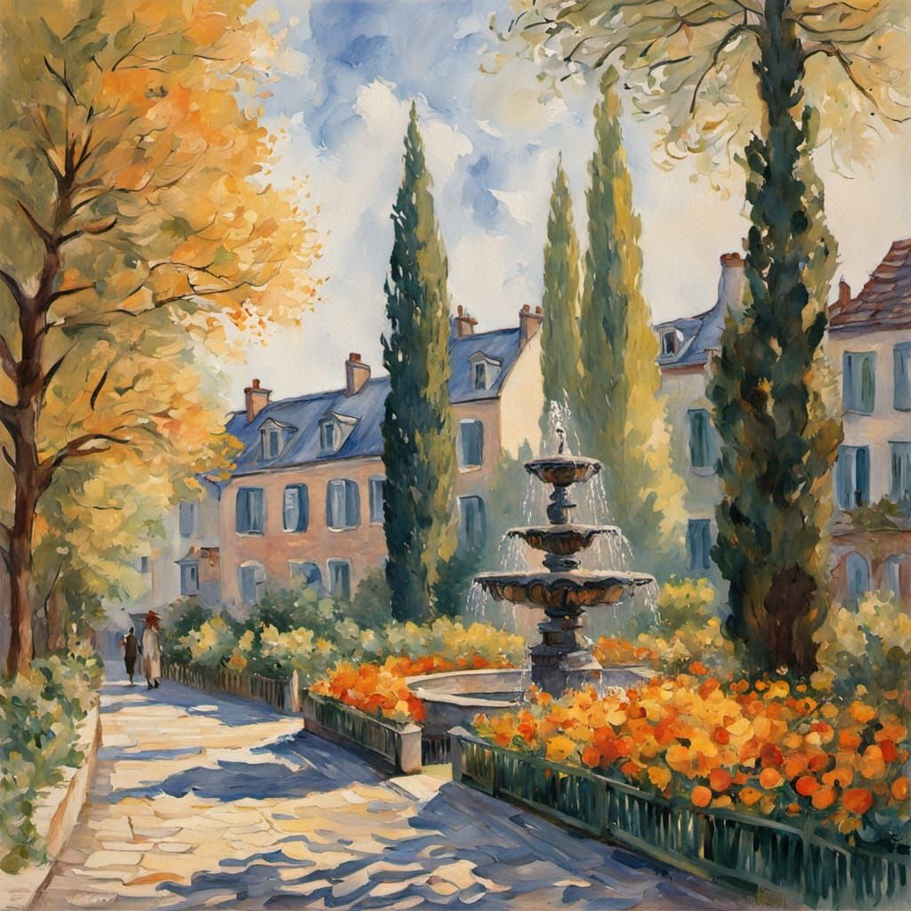 Vibrant Impressionist Village Square in Warm Earth Tones