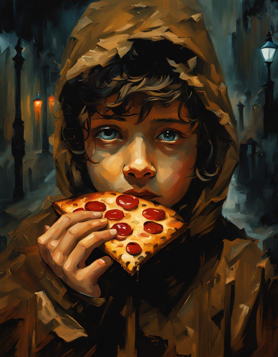 Expressionist Girl Bites Pizza in Earthy Impasto Style