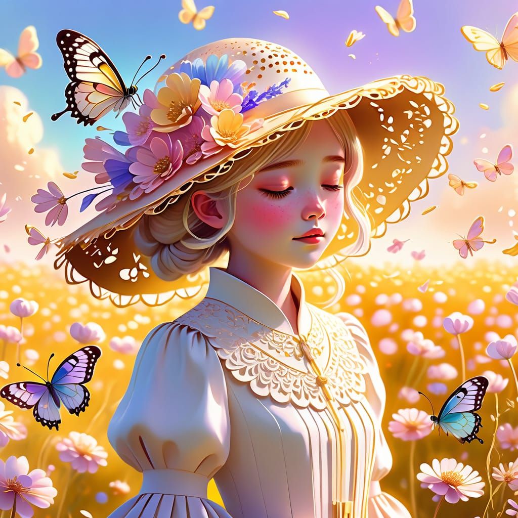 Pastel Butterfly in Magical Flower Field, Anime Style