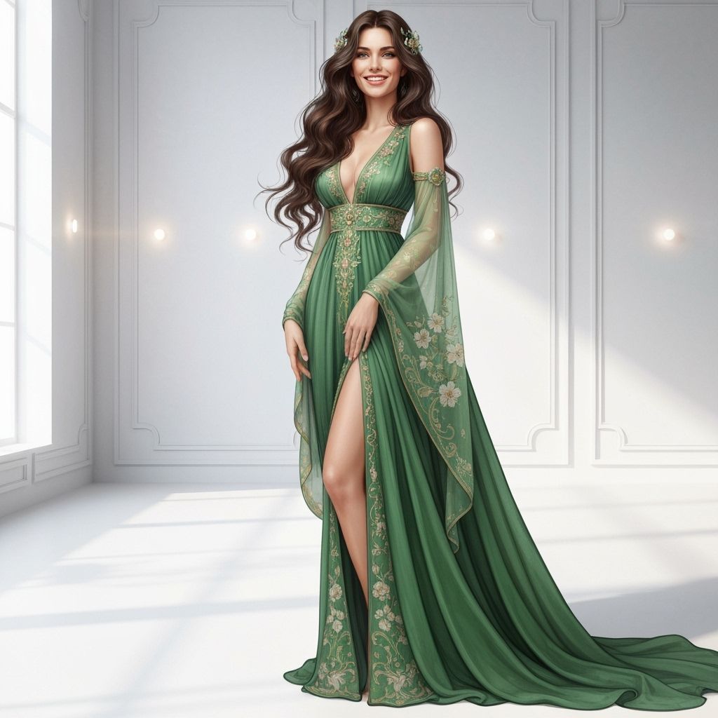 Elegant Woman in Emerald Gown, Alphonse Mucha Style