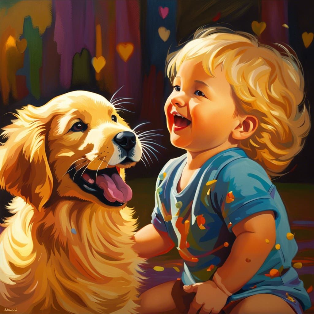 Joyful Toddler and Puppy: Oil Painting