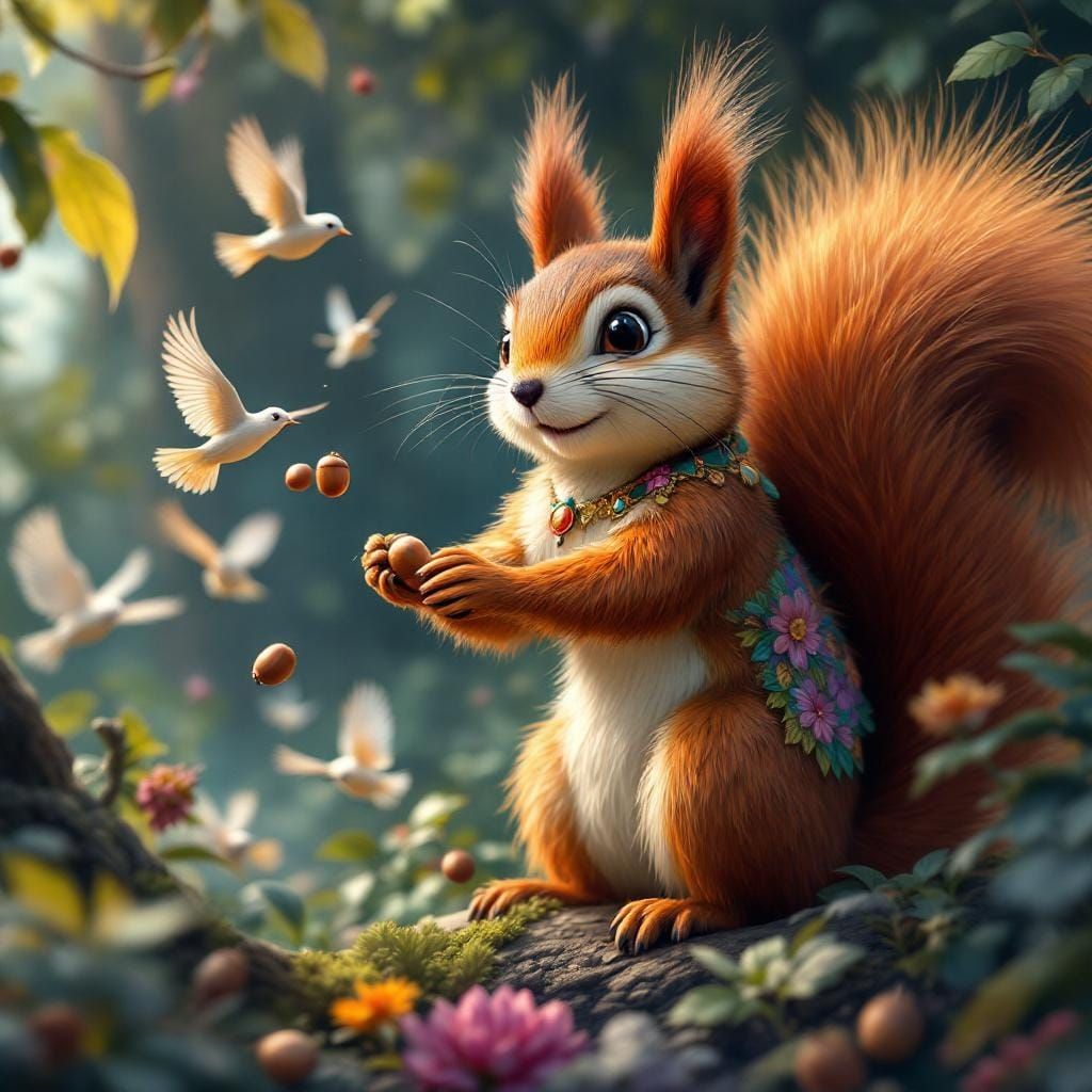 Squirrel Attacks Birds in Detailed Matte Painting