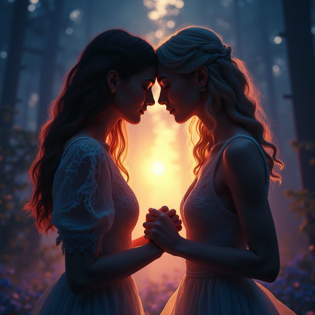 Tender Moment of Two Women Holding Hands in a Fantastical Se...