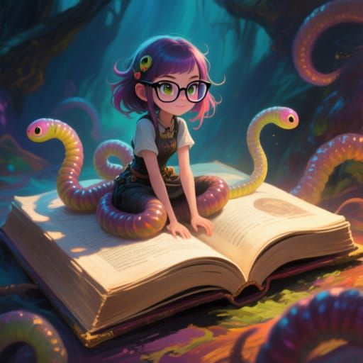 Worm Girl Scholar Reading on Giant Book
