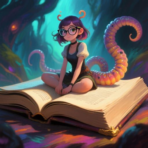 Worm Girl Concept Art Sitting on Book