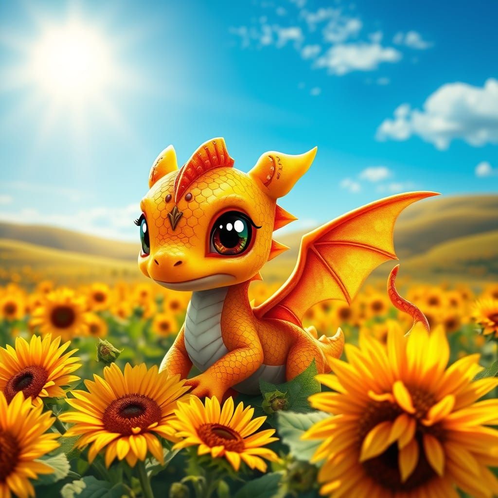 Cute Baby Dragon in Vibrant Sunflower Field
