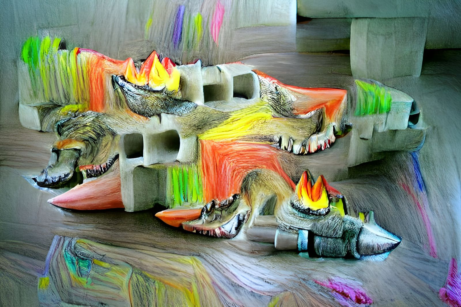 Brutalist Fire Wolf Crayon Drawing with Crocodile Jaws