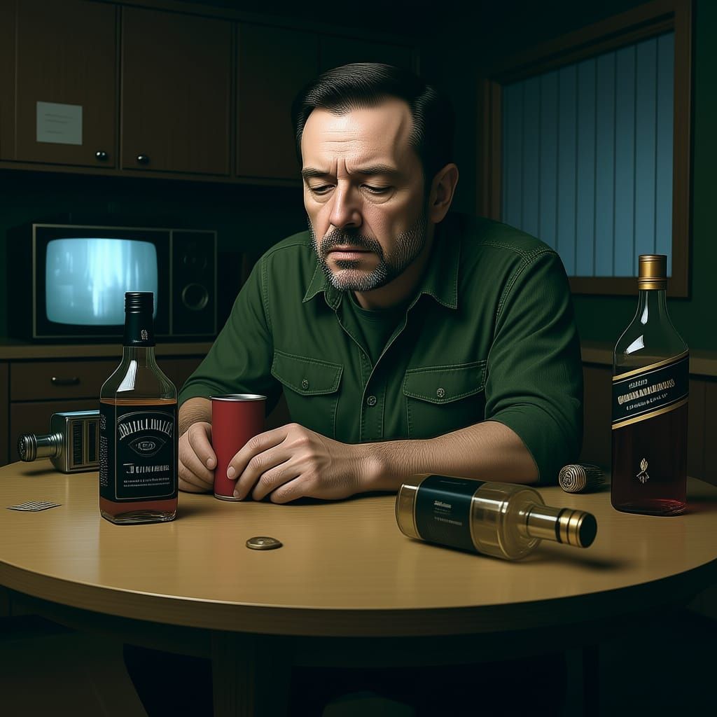Man Sits Alone with Drinks in Dilapidated Kitchen