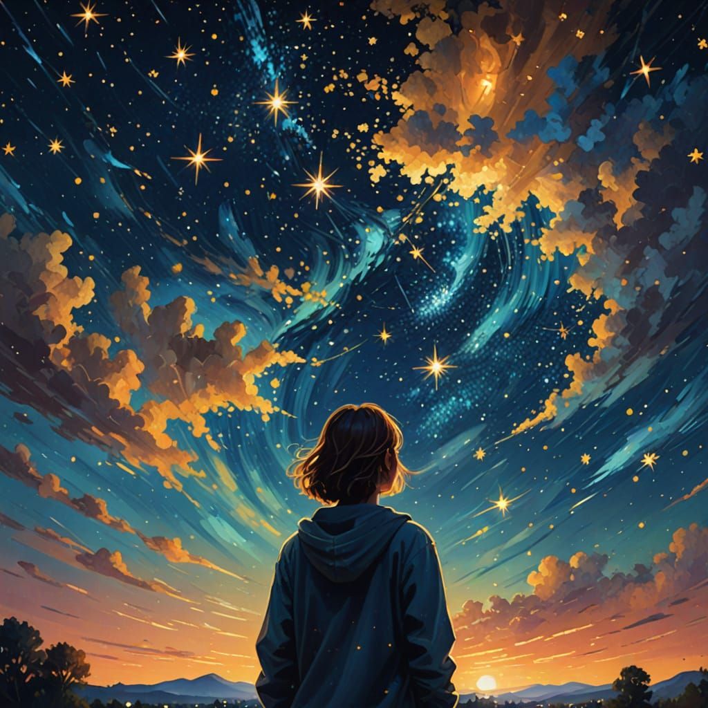 Person Under Starry Night Sky as Oil Painting