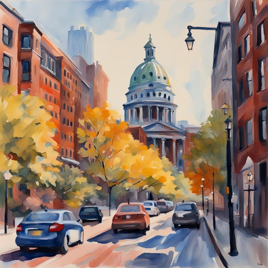 Boston in Gouache Style Impressionist Painting