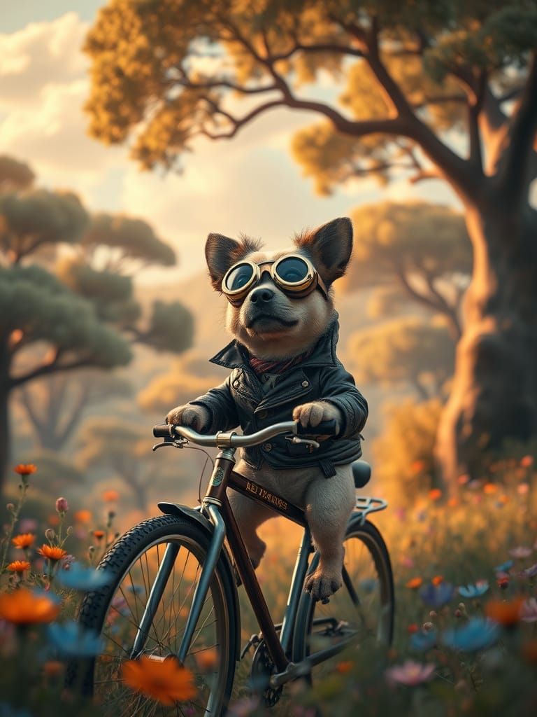 Whimsical Dog Rides Vintage Bicycle in Lush Forest Landscape