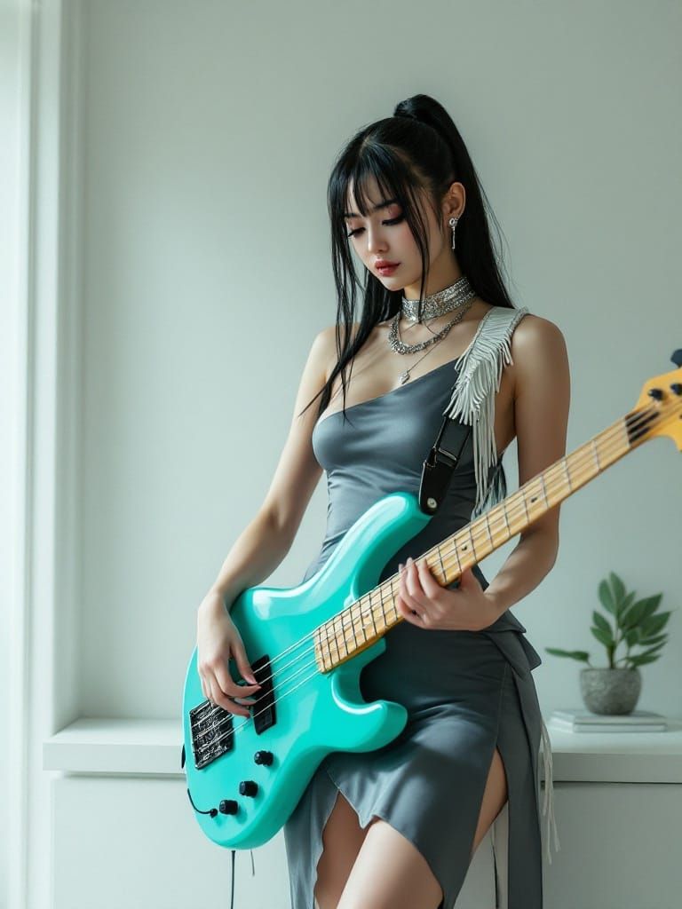 Surreal Fantasy Woman Plays Electric Bass in Modern Interior