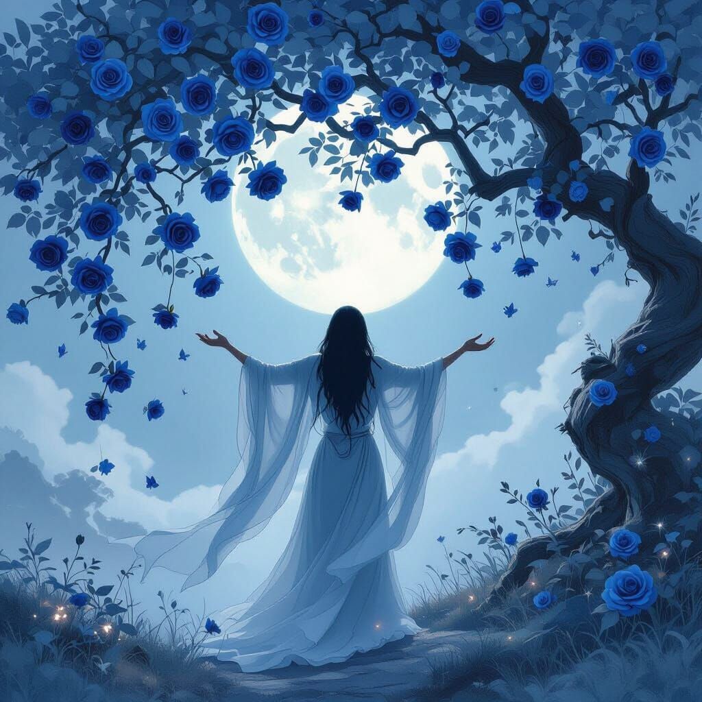 Ethereal Moonlit Figure Amidst Indigo Roses