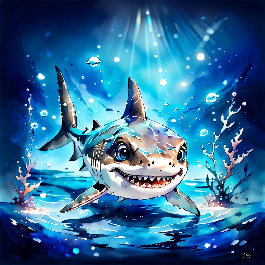 Cute Chibi Baby Shark in Watercolor Style