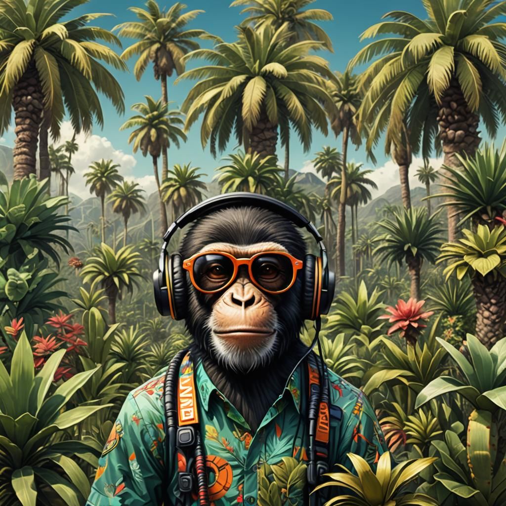 Caribbean Monkey with Headset in Detailed Digital Painting