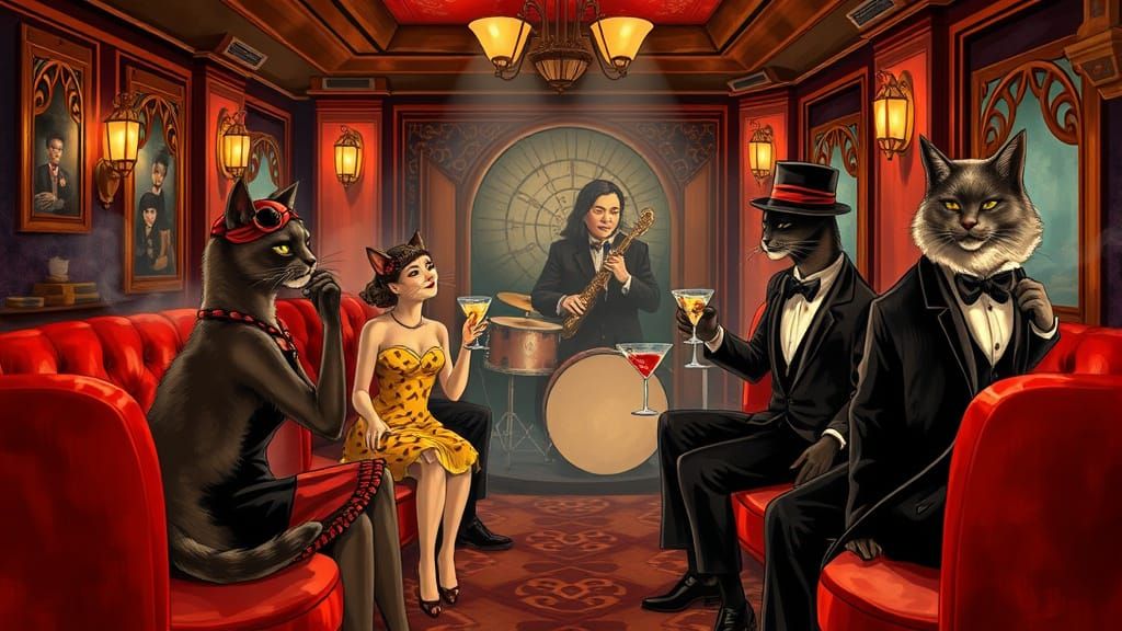 1920s Chocolate Speakeasy with Cats in Flapper Dresses