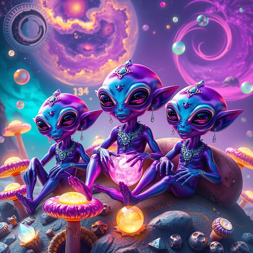 A cinematic photograph of three curious aliens enjoying a le...