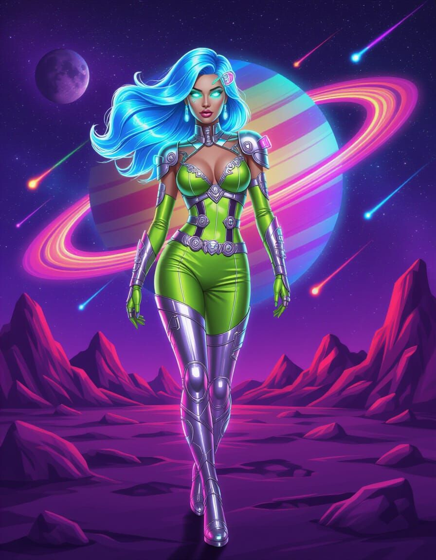 Atomic Age Cyborg Portrait in Retrowave Spacepunk Style