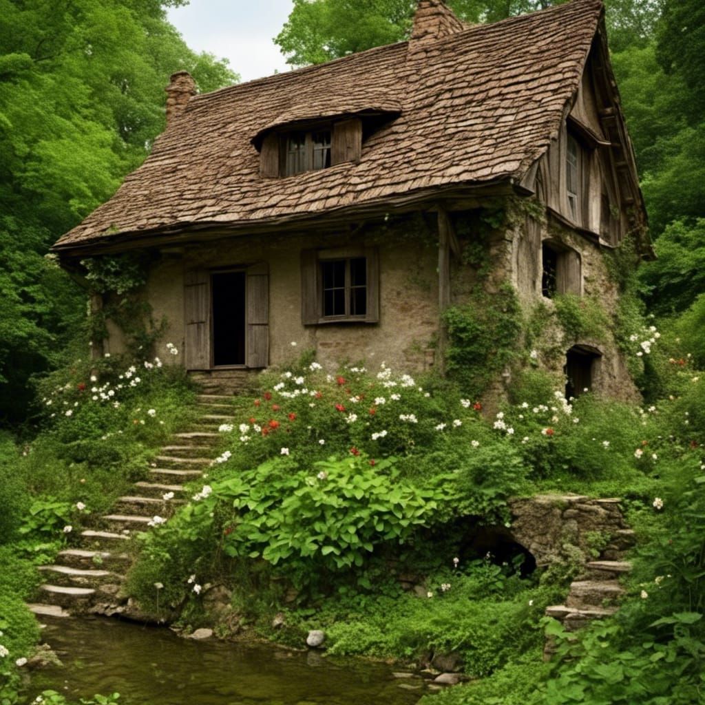 Charming Medieval House with Bunnies, Oil Painting Style