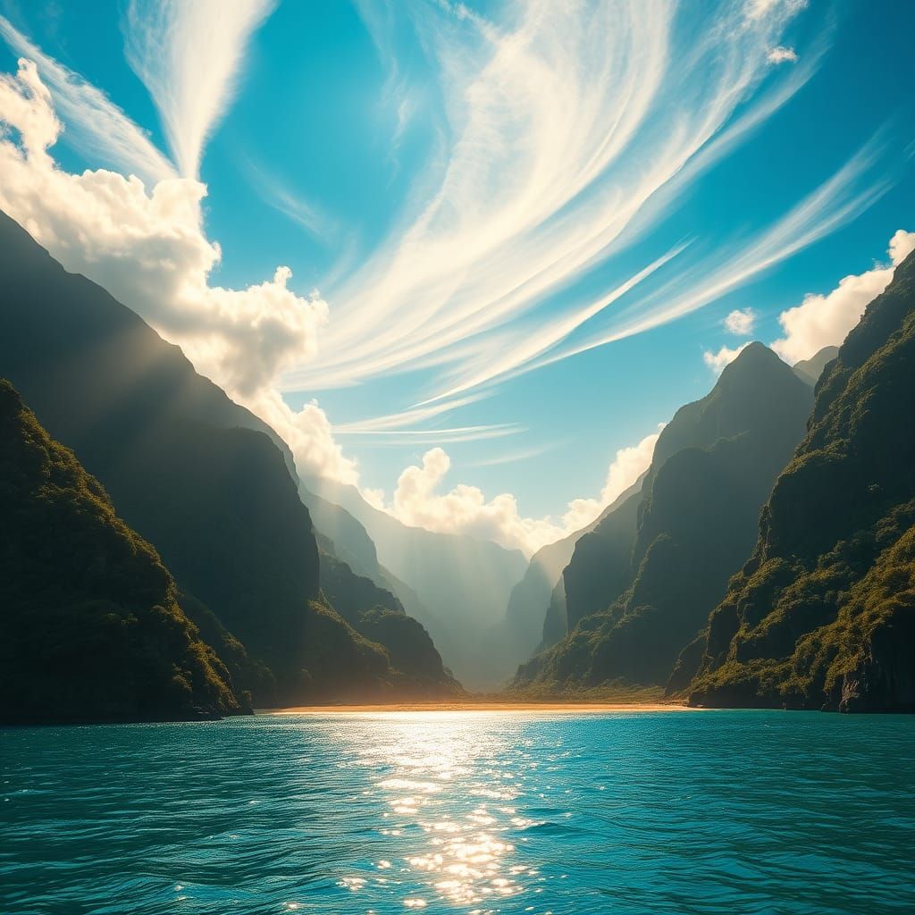 Majestic Turquoise Seascape with Mountains and Sunshine