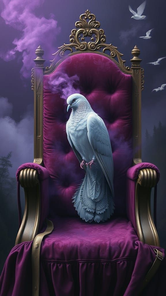 Surrealist Dove Reigns in a Velvet Throne Amidst a Misty, Pu...