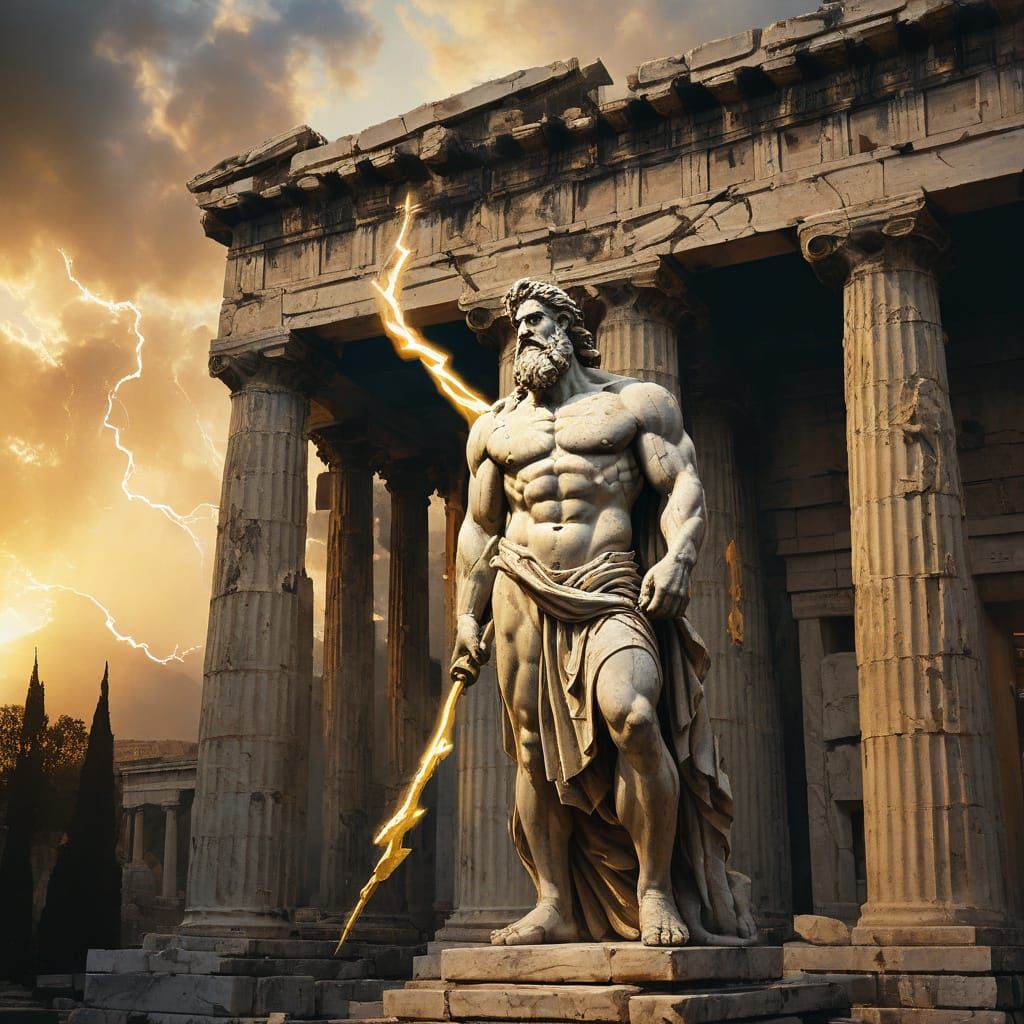 Zeus Statue in Ancient Greek Temple with Warm Golden Light