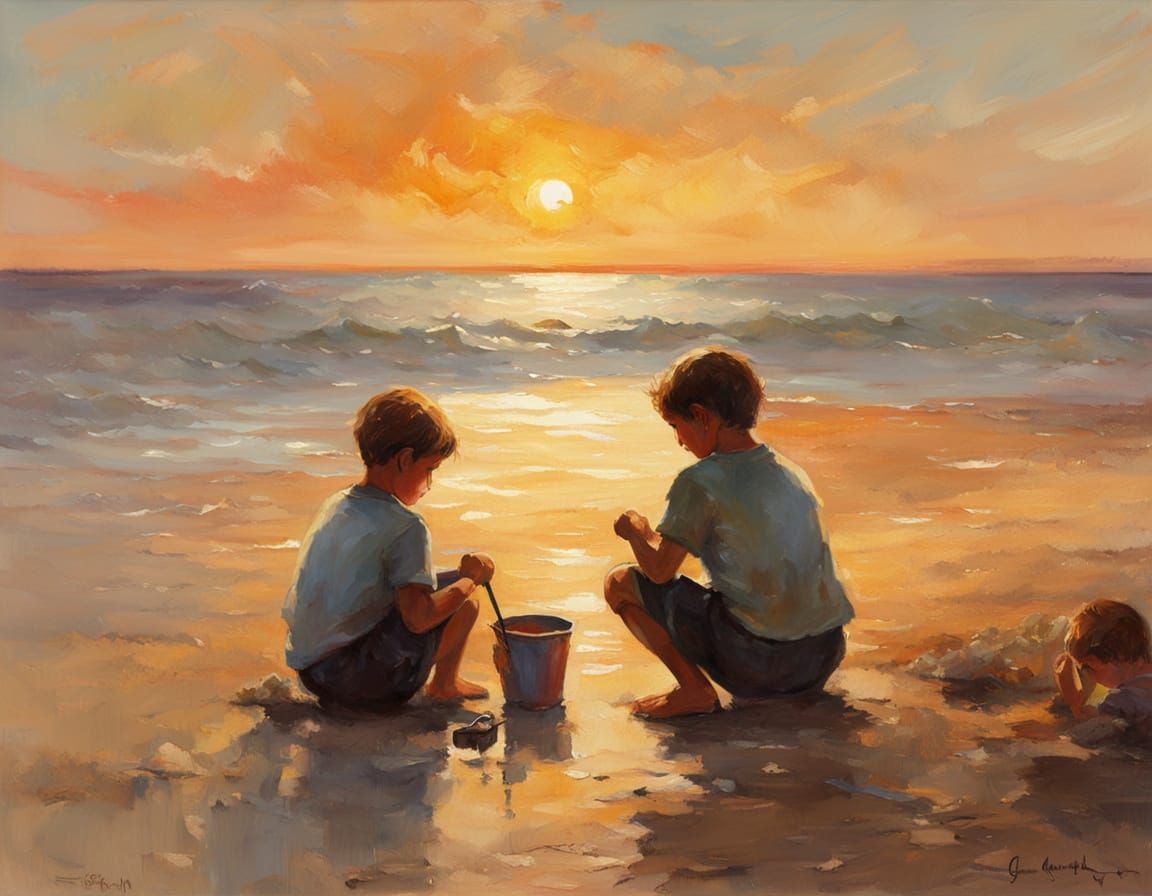 Kids on Beach at Sunset in Impressionist Style