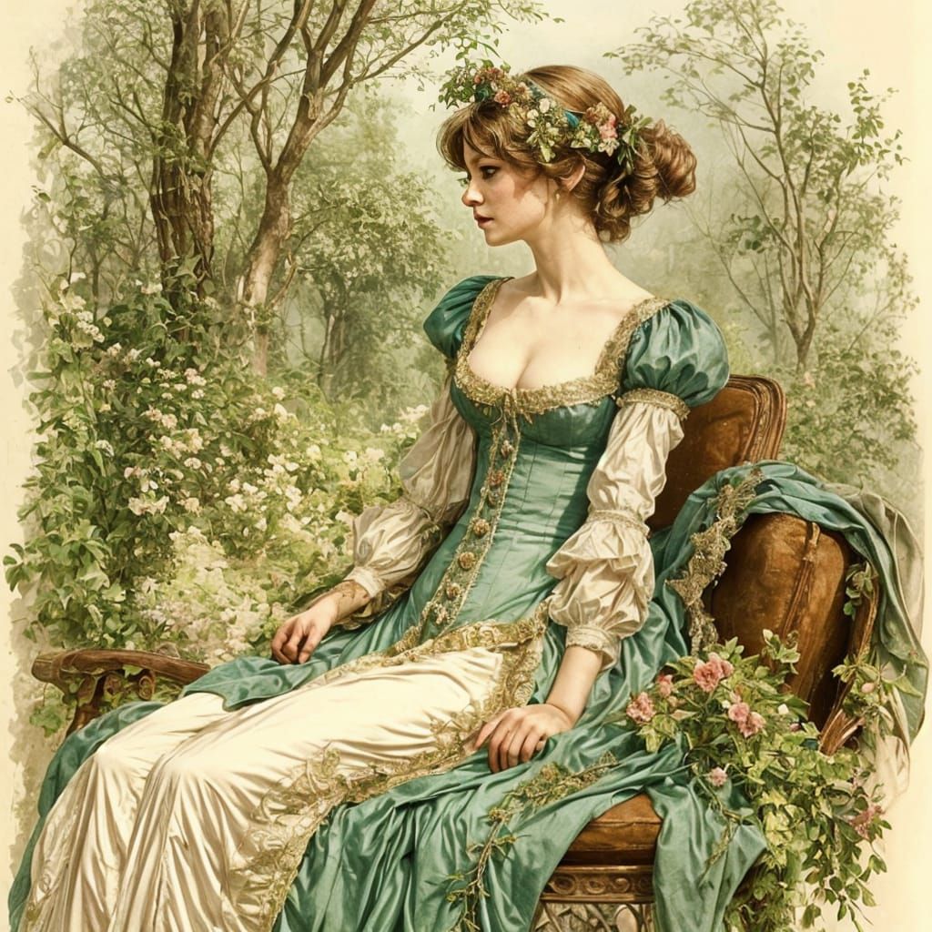 Romantic Couple in Regency Costumes Summer Garden