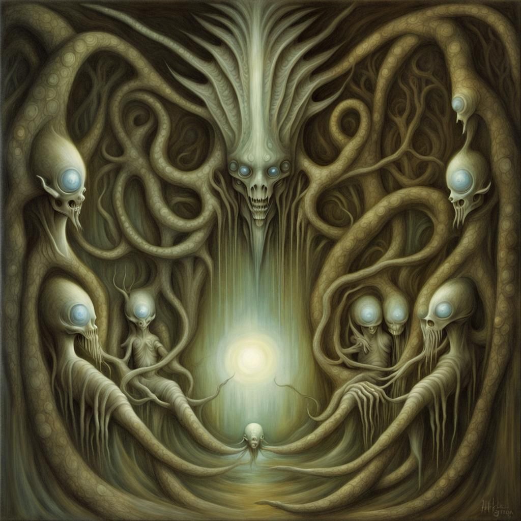 16k resolution, art by H.R. Giger, Brian Froud, imaginary bioluminescent creatures, mystical setting, ethereal glow, oth...