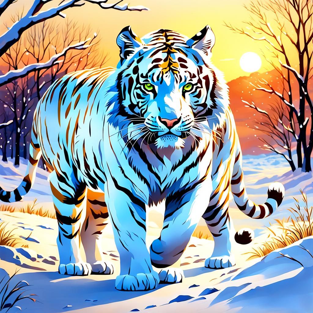 White Tiger in Snow at Sunset: 3D Watercolor