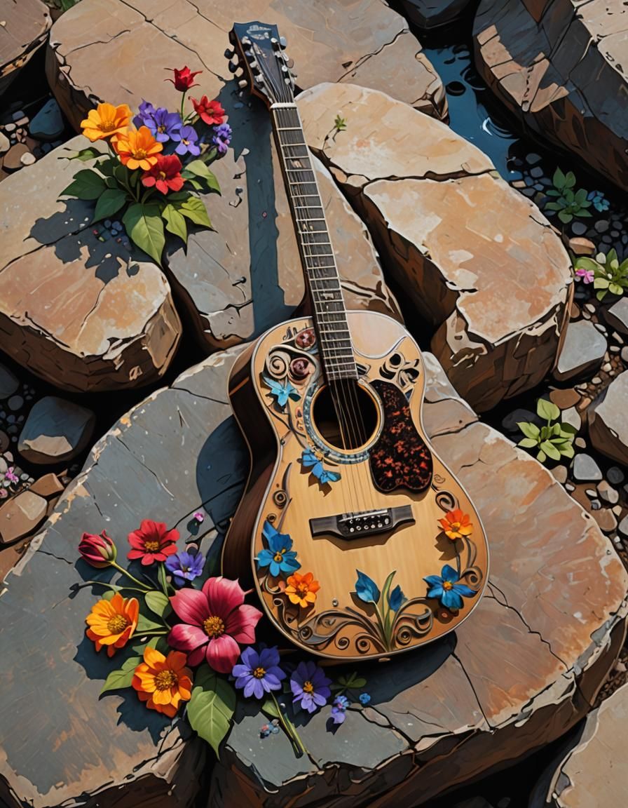 Acoustic Guitar with Floral Accents: Detailed Digital Art