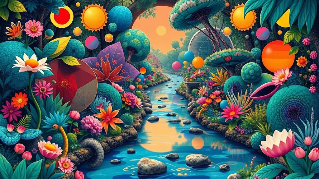 Surreal Garden with Geometric Shapes in Psychedelic Style