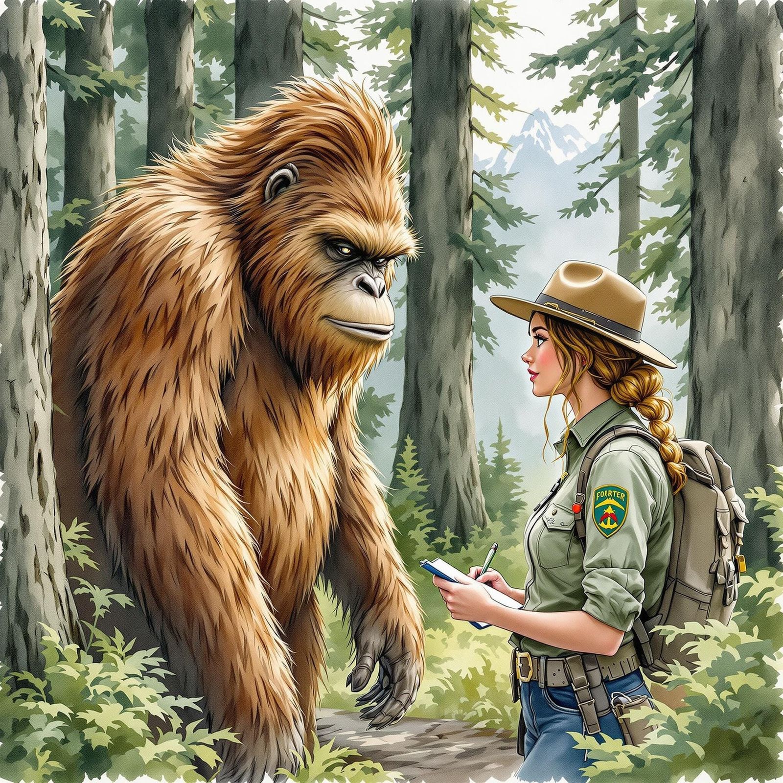 Sasquatch and Forest Ranger in Watercolor Illustration