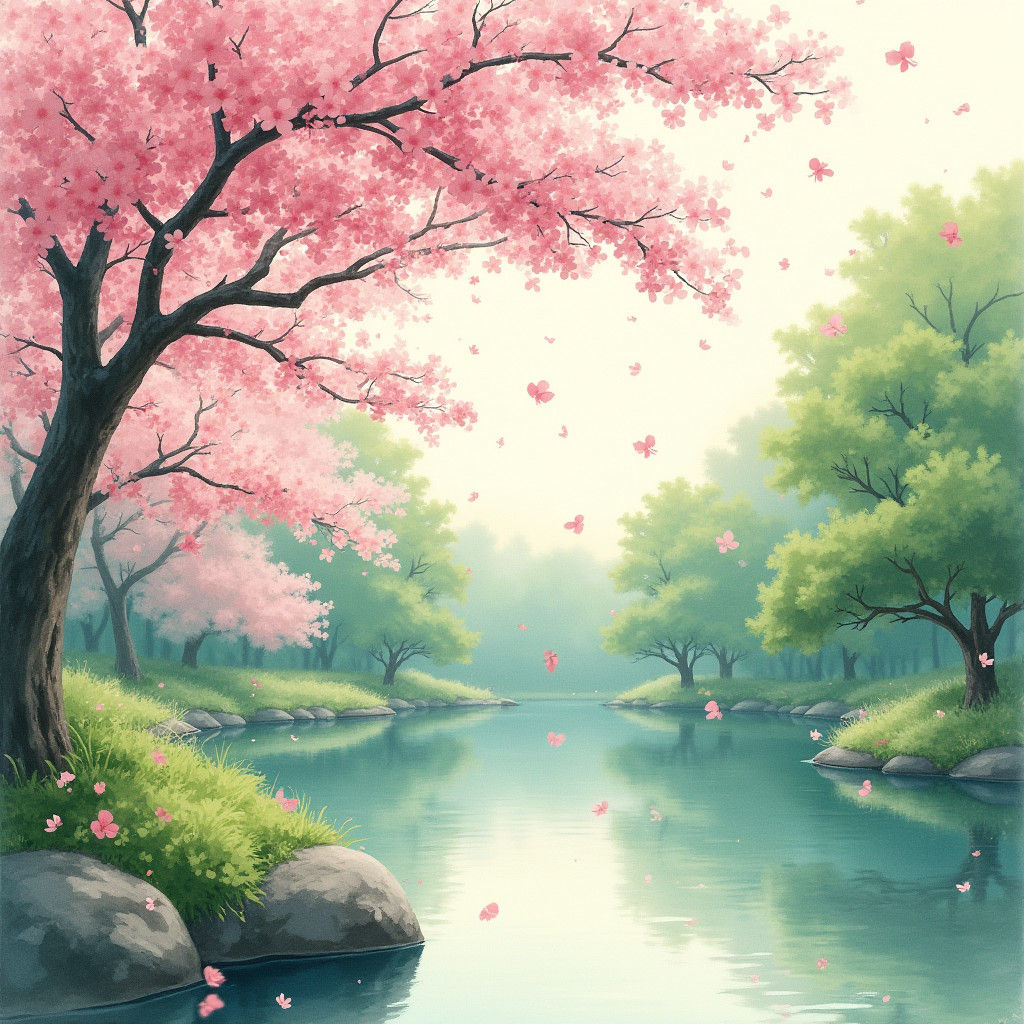 Pink Cherry Blossoms Falling in Japanese Garden