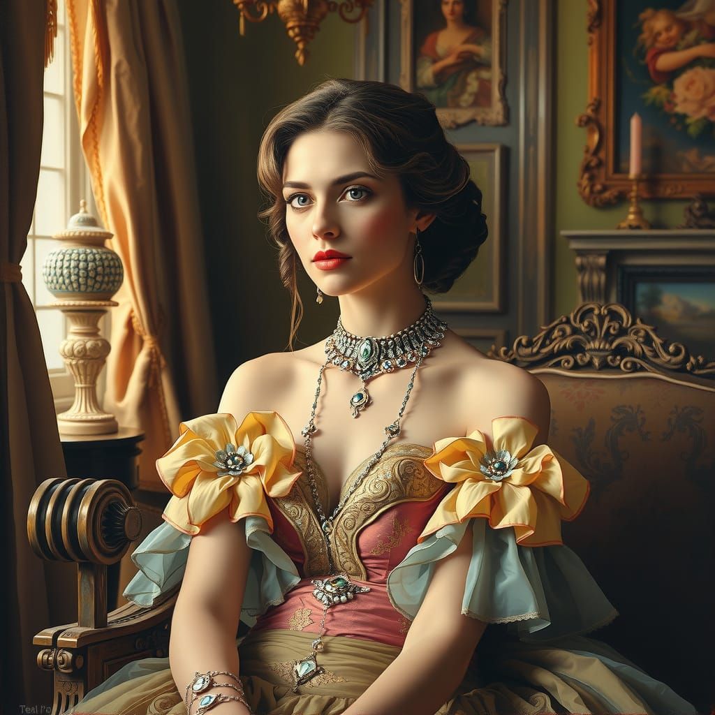 Elegant Woman in Lavish Parlor: Magical Realism Oil Painting