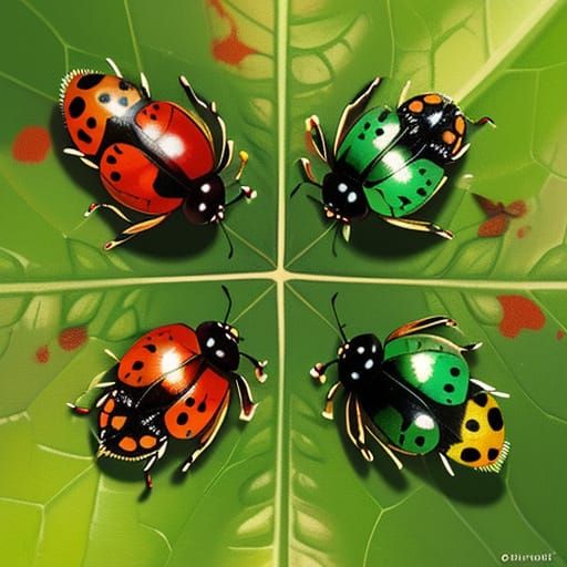 Ladybugs on Leaf: Vibrant Macro Oil Painting