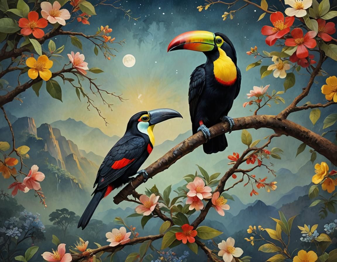 Lettered Aracari Toucan in Fantasy Floral Landscape