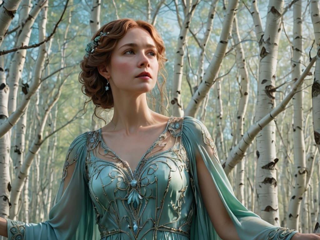 Art Nouveau Woman with Songbird in Birch Forest