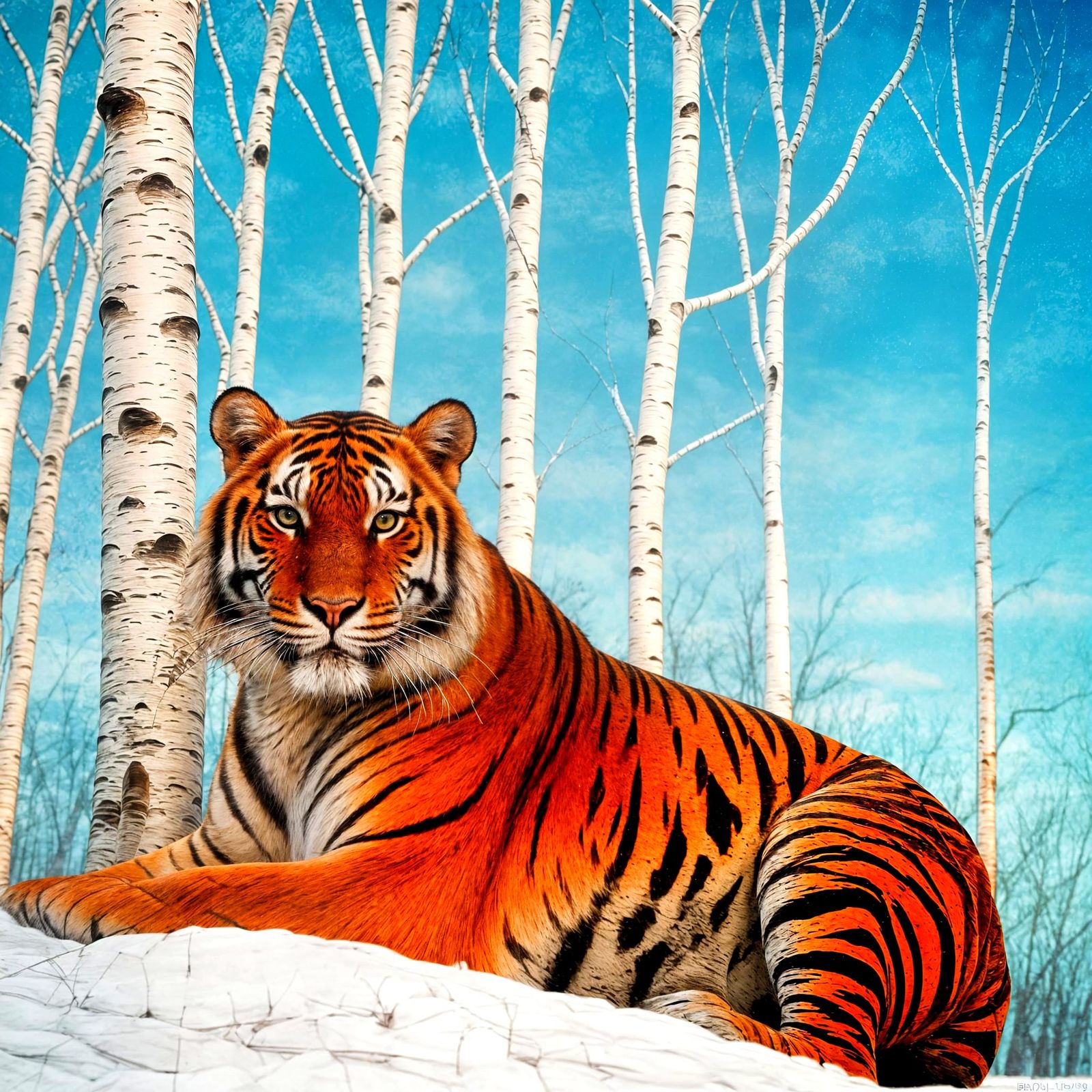 Surreal Tiger Emerges from Winter Birches in Vibrant Blues