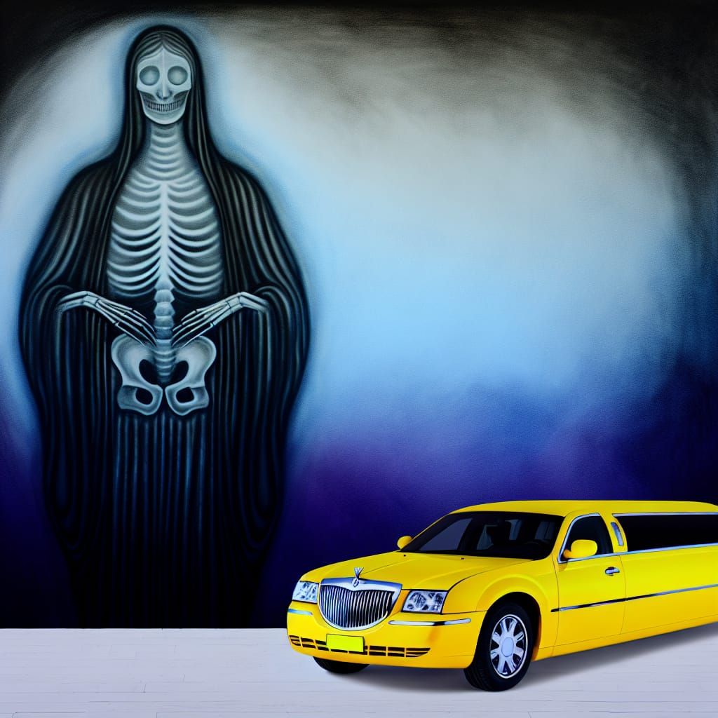 Thanatos Beside Yellow Limousine: A Detailed Painting