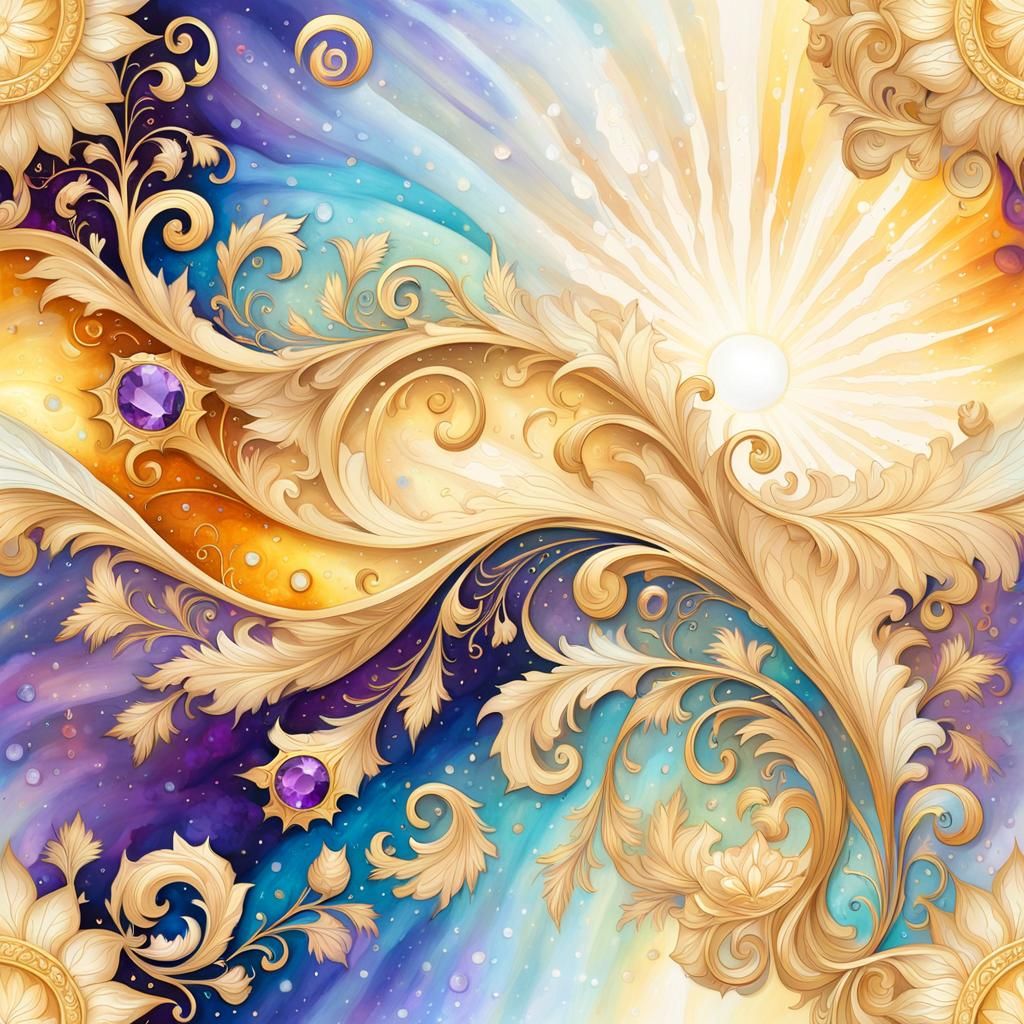 Ornate Gold Scroll Bathed in Rainbow Light