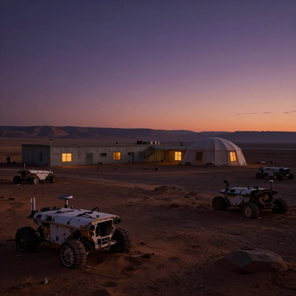 Martian Outpost at Dusk: Hope in a Derelict Landscape