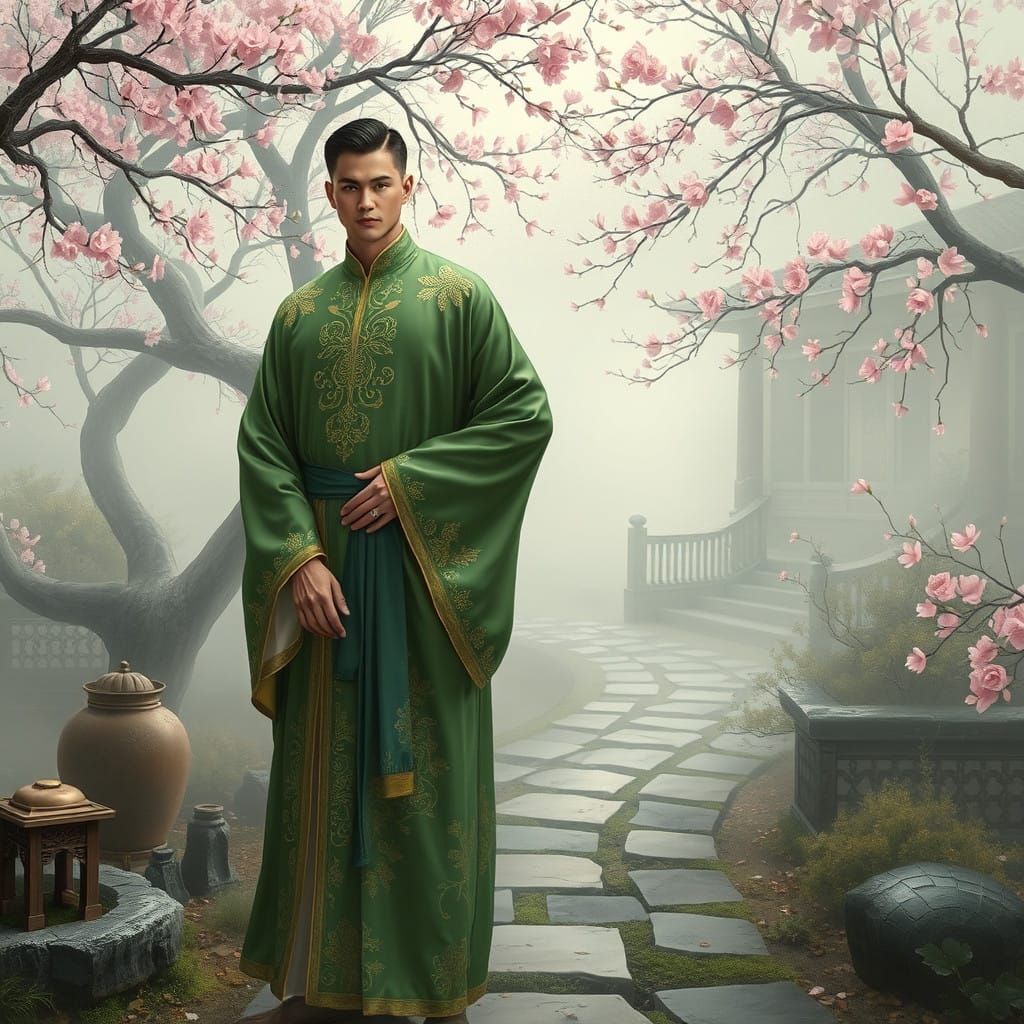 Elegant Gentleman in Classical Chinese Garden