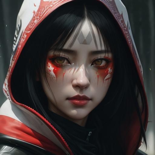 Crimson Assassin Woman in Shadows: Detailed Portrait