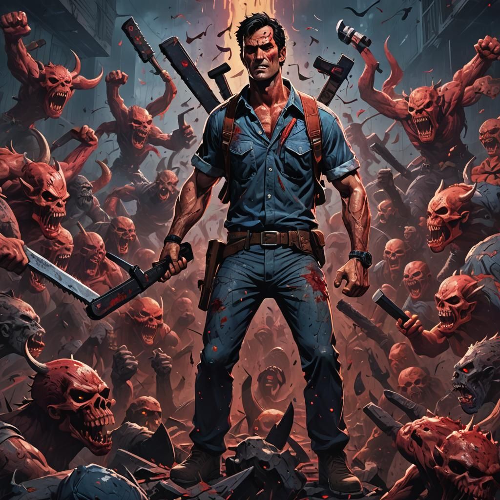 Triumphant Warrior Amidst Demons in Anime Style