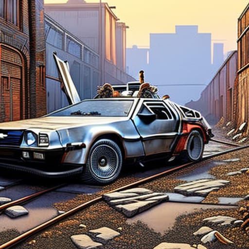DeLorean in Abandoned Alley: Digital Illustration