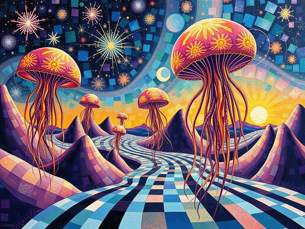 Surreal Mosaic Landscape with Cosmic Jellyfish and Crystal C...